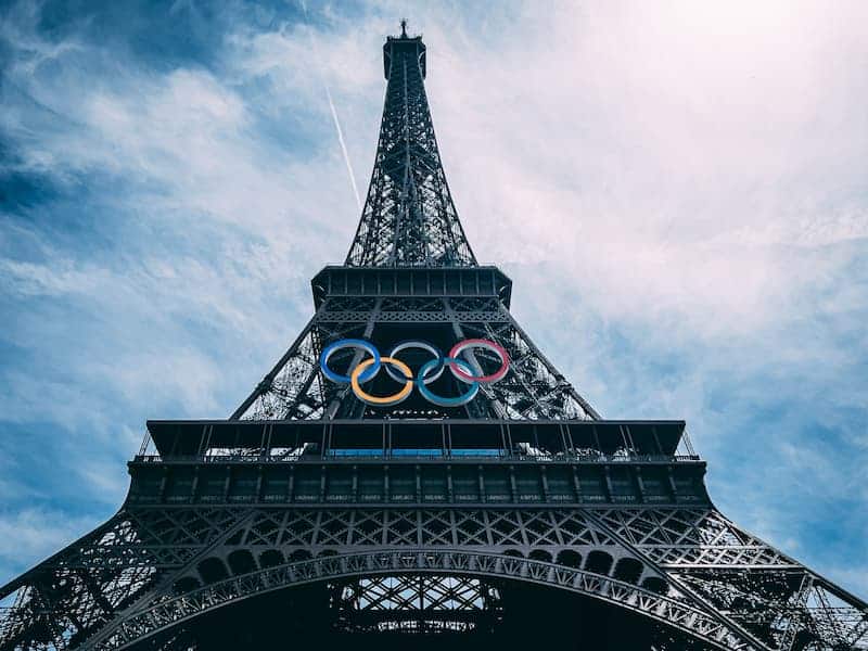 The Olympic Rings installed on the Eiffel Tower ahead of the Paris 2024 Olympic Games.